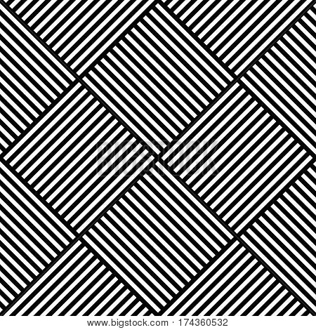 Vector abstract geometric seamless pattern. Weaving textile fabric with black and white crossed straight lines. Checked background texture in diagonal arrangement.