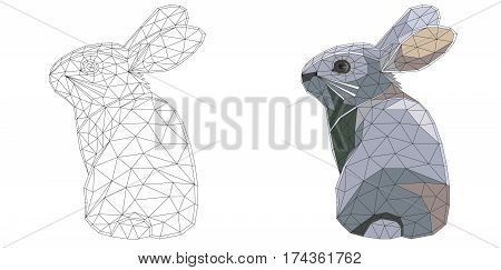 mosaic easter bunny for coloring and design with example. isolated on white background. vector illustration.