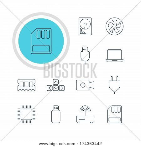 Vector Illustration Of 12 Laptop Icons. Editable Pack Of Cooler, Microprocessor, Hard Drive Disk And Other Elements.