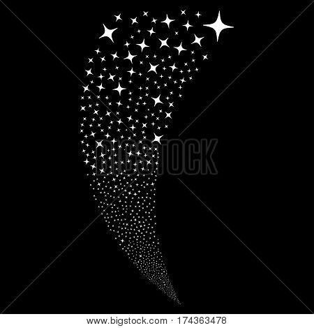 Space Star random fireworks stream. Vector illustration style is flat white iconic symbols on a black background. Object fountain made from scattered symbols.