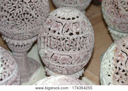 12 Jan 2017. Saint-Petersburg. Russia. Indian products exhibition. The counter with carved stone souvenirs.