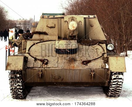 26 february 2017. Saint-Petersburg. Russia. Military-historical festival. The driver of self-propelled artillery looks on the road.