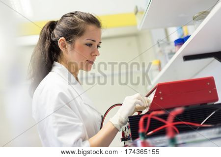 Focused attractive young life science researcher setting voltege on power supply to run electrophoresis for protein or DNA sepparation. Focus on the researcher's face.