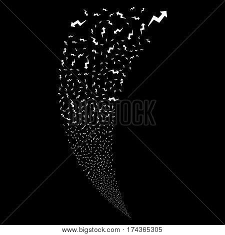 Trend random fireworks stream. Vector illustration style is flat white iconic symbols on a black background. Object fountain combined from scattered pictographs.