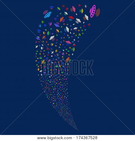 Alien Invasion random fireworks stream. Vector illustration style is flat bright multicolored iconic symbols on a blue background. Object fountain created from scattered symbols.