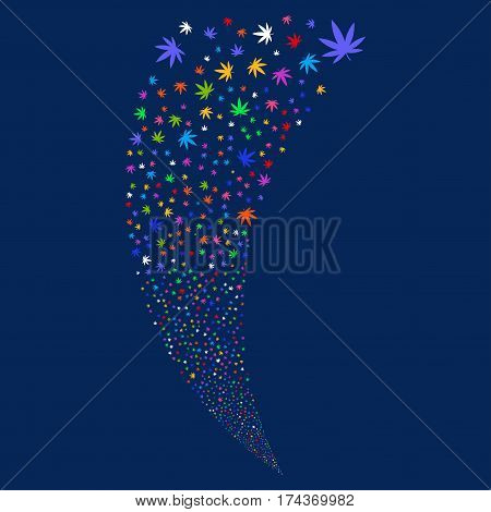 Cannabis random fireworks stream. Vector illustration style is flat bright multicolored iconic symbols on a blue background. Object fountain made from scattered pictograms.