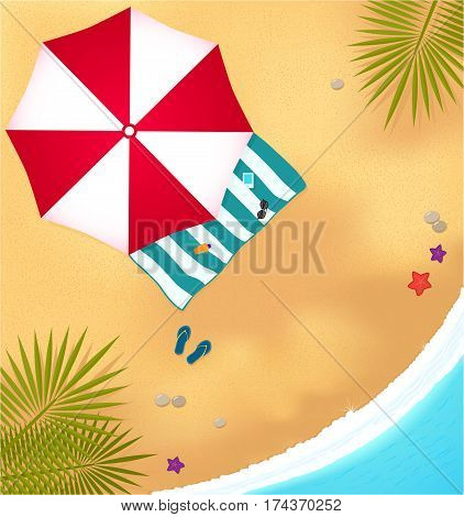 sea vacation illustration. beach with waves, umbrell and bright towel