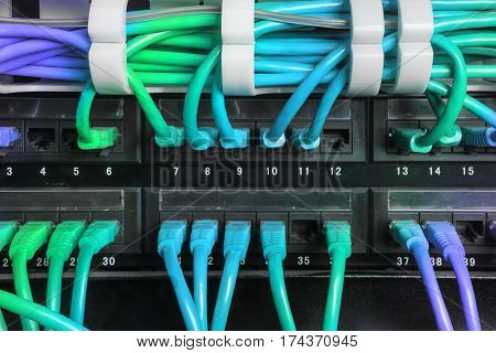 Server rack with blue internet patch cord cables connected to black patch panel in server room horizontal