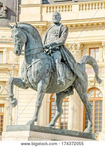 Bucharest, Romania - May 25, 2014: The Statue And The Fundation Building Of Carol The First.
