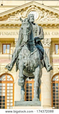 Bucharest, Romania - May 25, 2014: The Statue And The Fundation Building Of Carol The First.