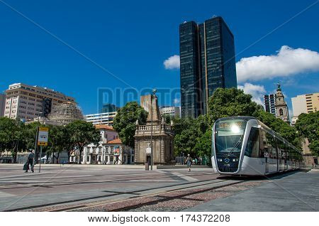 Rio de Janeiro, Brazil - February 10, 2017: VLT tram is passing the Novmber 15 square in city center.
