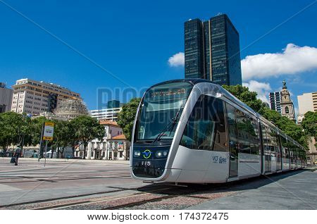 Rio de Janeiro, Brazil - February 10, 2017: VLT tram is passing the Novmber 15 square in city center.