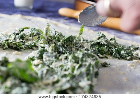 Homemade Phyllo Or Strudel Dough With Cheese And Spinach On A Home Table Cloth