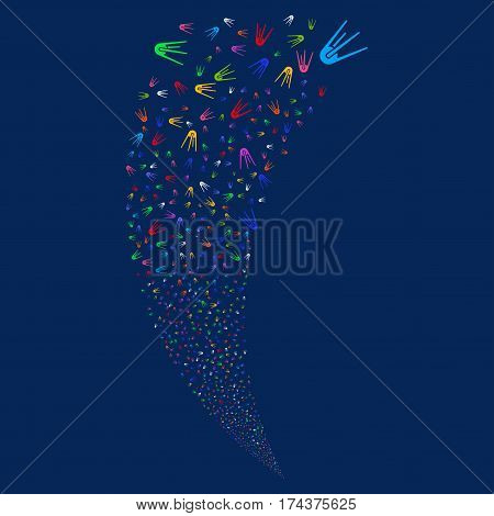 First Satellite random fireworks stream. Vector illustration style is flat bright multicolored iconic symbols on a blue background. Object fountain made from scattered design elements.