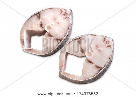 Two steaks of cobia on a white background