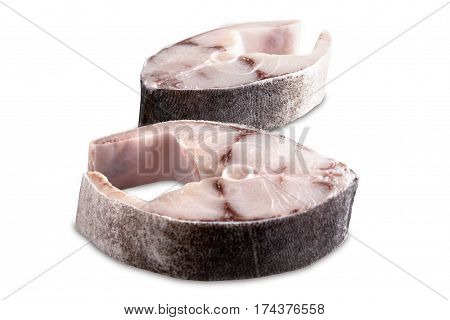 Two steak of cobia on a white background