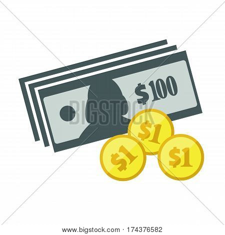 Us Dollar Banknotes Stack And Heap Of Golden Coins. Flat Vector Icon. American Currency Symbol. Usa 