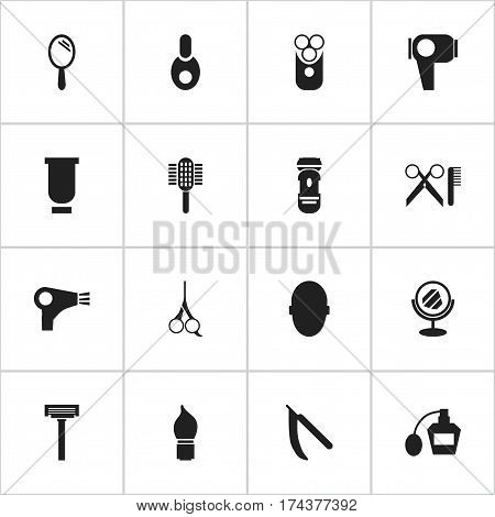 Set Of 16 Editable Tonsorial Artist Icons. Includes Symbols Such As Peeper, Cut Tool, Cutter Apparatus And More. Can Be Used For Web, Mobile, UI And Infographic Design.