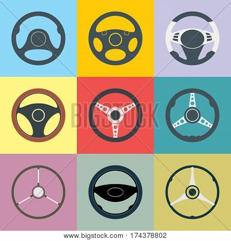 Set Of Car Steering Wheel Flat Icons. Automobile Steering Wheel Icons In Flat Style. Auto Steering W