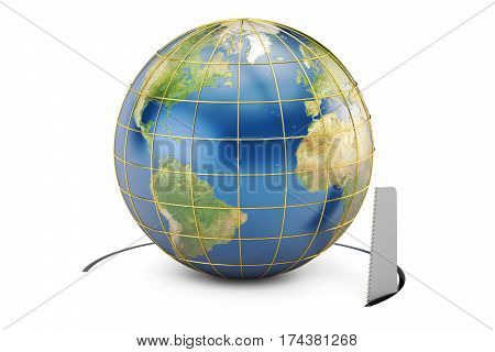 Earth Globe with cutting saw 3D rendering isolated on white background