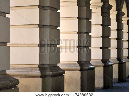 Row significant pillars at the entrance of the cathedral in the historic center of the capital of the province of Vojvodina, Novi Sad, Serbia