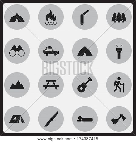 Set Of 16 Editable Travel Icons. Includes Symbols Such As Gait, Tepee, Clasp-Knife And More. Can Be Used For Web, Mobile, UI And Infographic Design.