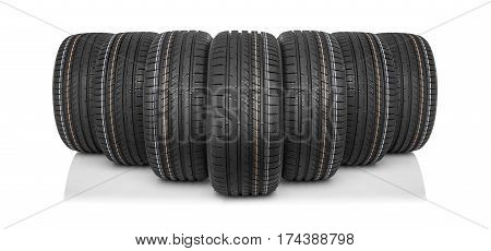 New car tires isolated on white background. Summer tyres.