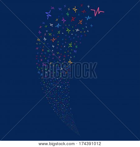 Pulse random fireworks stream. Vector illustration style is flat bright multicolored iconic symbols on a blue background. Object fountain combined from scattered pictograms.