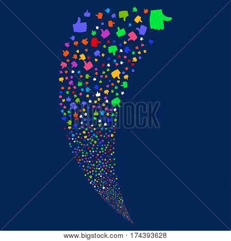 Thumb Up random fireworks stream. Vector illustration style is flat bright multicolored iconic symbols on a blue background. Object fountain done from scattered icons.