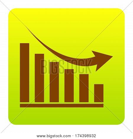 Declining graph sign. Vector. Brown icon at green-yellow gradient square with rounded corners on white background. Isolated.