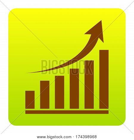 Growing graph sign. Vector. Brown icon at green-yellow gradient square with rounded corners on white background. Isolated.