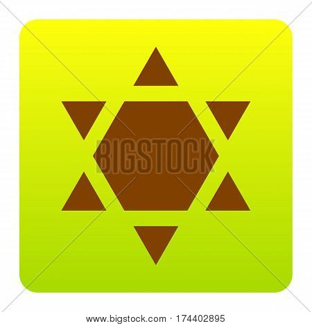 Shield Magen David Star Inverse. Symbol of Israel inverted. Vector. Brown icon at green-yellow gradient square with rounded corners on white background. Isolated.