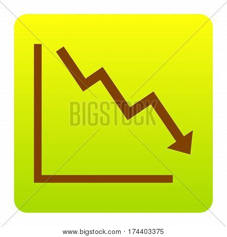 Arrow pointing downwards showing crisis. Vector. Brown icon at green-yellow gradient square with rounded corners on white background. Isolated.