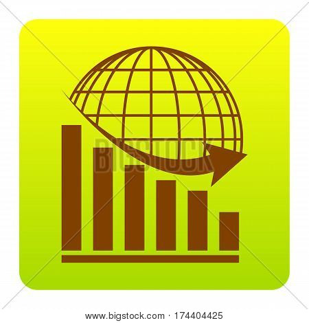 Declining graph with earth. Vector. Brown icon at green-yellow gradient square with rounded corners on white background. Isolated.
