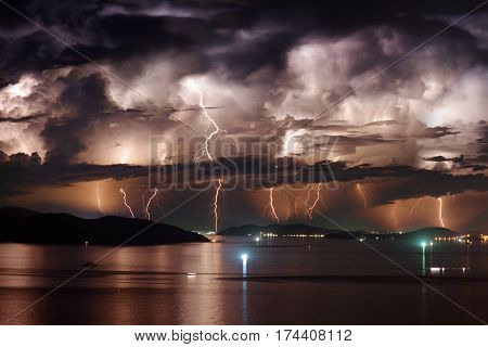 Dramatic Stormy Sky And Lightning Over Nha Trang Bay, Vietnam