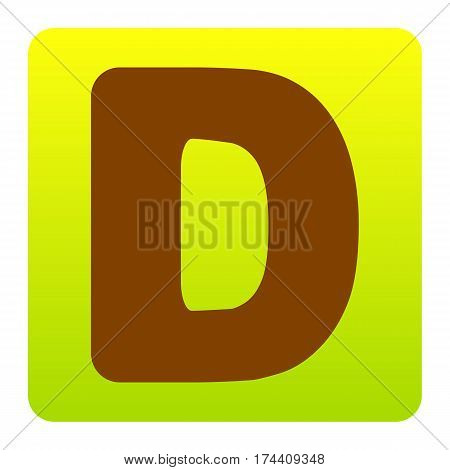 Letter D sign design template element. Vector. Brown icon at green-yellow gradient square with rounded corners on white background. Isolated.