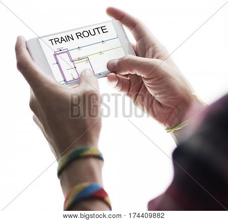 Hands Hold Mobile Show Map Route Graphic