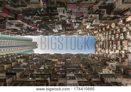 Hong Kong city apartment view form bottom crowded residence area
