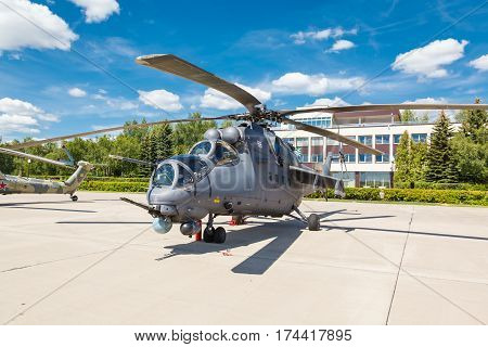 KUBINKA, MOSCOW REGION, RUSSIA - JUNE 18, 2015: Mi-24 Russian military helicopters at Kubinka air force base.