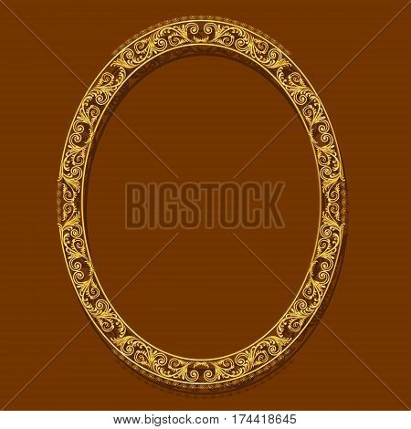 oval frame gold color with shadow on brown background