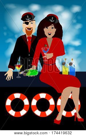 Captain Girl And Drink On The Background Of Sky
