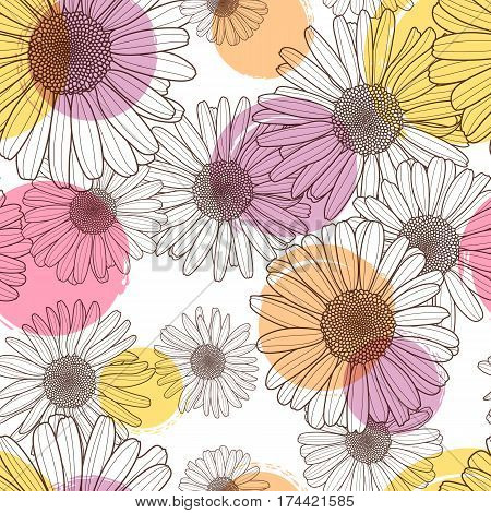 Vector Seamless Pattern With Beautiful Chamomile Flower And Colorful Watercolor Blots. Floral Line I