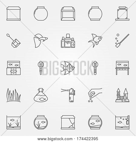 Aquarium icons set - vector fish tank, plants and decor concept signs in thin line style