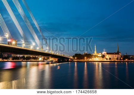 Vansu Bridge, Formerly Gorky Bridge, In Riga, Latvia. Shroud Bridge. Summer Evening With Blue Sky. 595 Meters In Length. Vansu Bridge - One Of The Symbols Of Modern Riga. Crossing The Daugava River