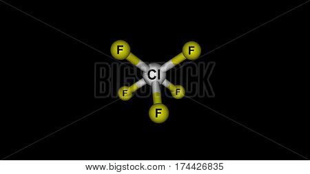 Chlorine pentafluoride is an interhalogen compound with formula ClF5. This colourless gas is a strong oxidant. The molecule adopts a square pyramidal structure. 3d illustration