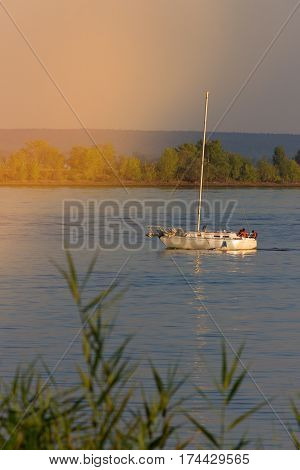 sailing boat in the sea. copy space
