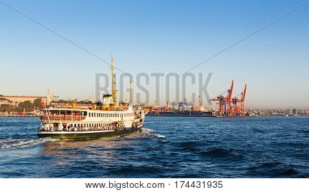 ISTANBUL - September 12: Ferry from the pier to dock, September 12, 2016 in Istanbul. Passengers use ferries in Istanbul, for easy access to two continents of Europe and Asia.