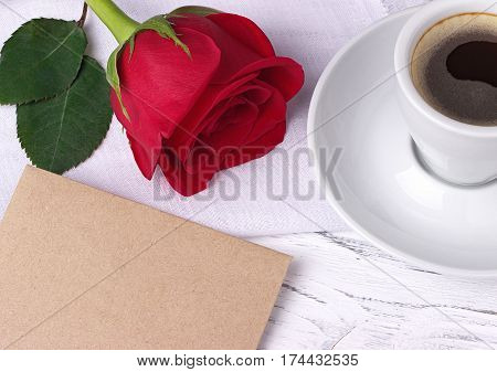 Red Rose Cup Of Coffee And Envelope For Valentines Day Womans Day Greeting Card. 8 March.