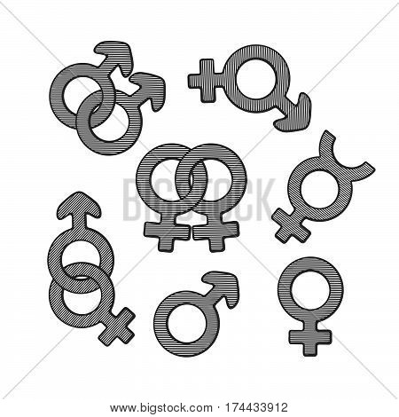 Vector illustration. Hand drawn sketch of gender symbols with scribble. Gender pictograms. Retro vintage element for greeting cards posters prints for clothes banners signboard showcases