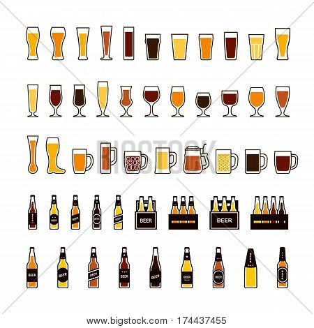 Beer color icons set, glasses and bottles. Vector illustration